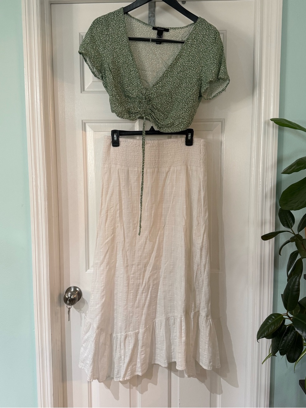 Green Floral Tie-Front Crop Top & Cream Maxi Skirt Set